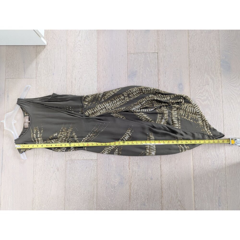 MAX AZRIA Silk Asymmetric Wrap Effect Olive Dress With Abstract Pattern; Size 4 - Picture 5 of 11